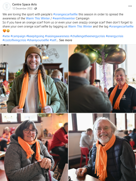 A Facebook post talking about the Warm This Winter campaign and with 4 selfies of people wearing an orange scarf