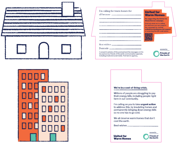 Illustrated postcards in the shape of a house and a tower block, the house postcard is blank with space for writing a message, the tower block postcard is coloured in and has pre-filled text