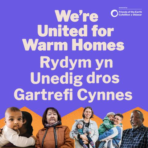 A purple social media asset with images of people that says "We're United for Warm Homes Rydym yn Unedig dros Gartrefi Cynnes"