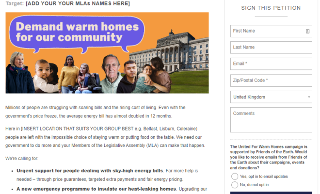 The United for Warm Homes online petition template for groups in Northern Ireland, hosted on Action Network