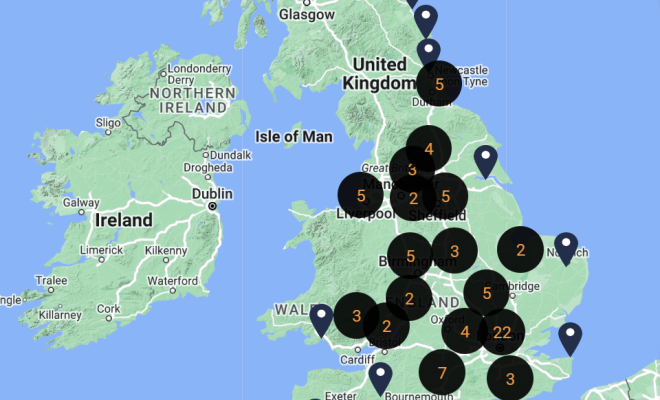 A map of the UK with pins displaying the locations of groups, or clusters of groups